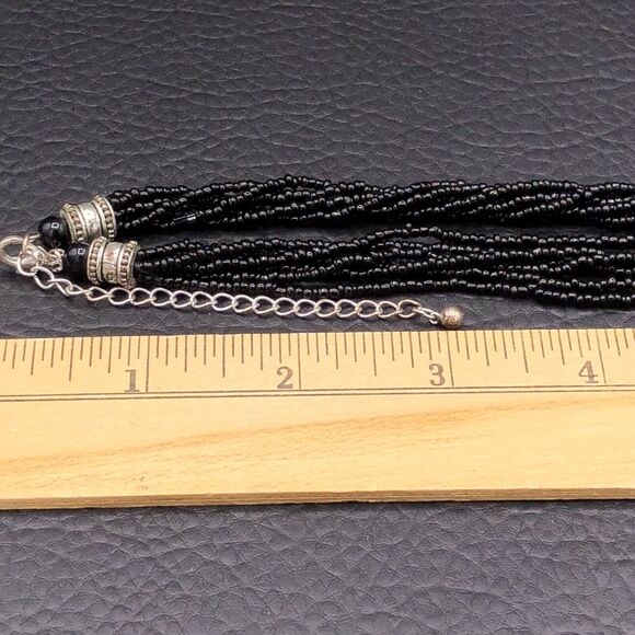 Black Oval Pendant Necklace Multi Strand Glass Seed Beads Antiqued Silver Tone - Picture 6 of 8